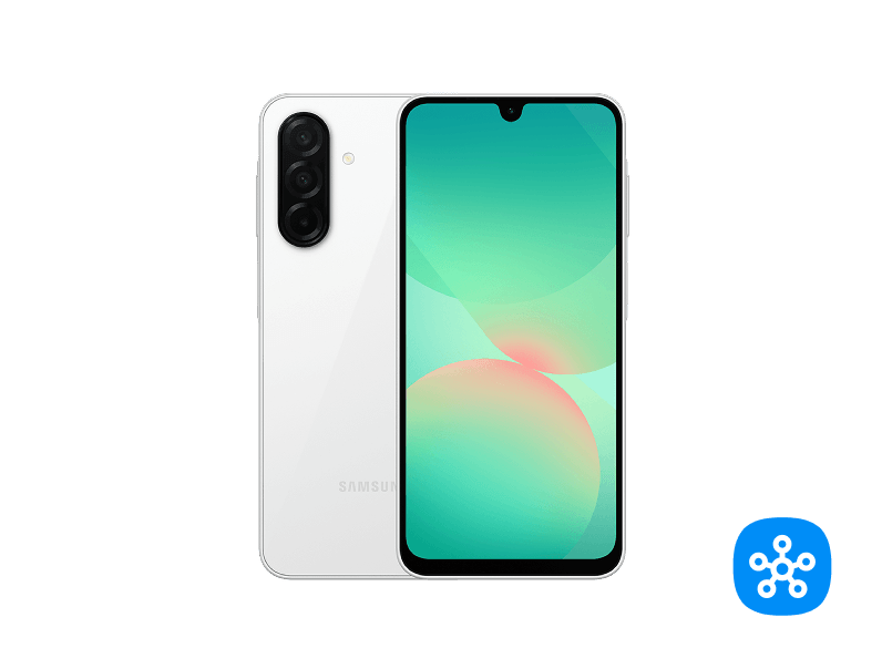 Samsung Galaxy A26 5G blanco, visto de frente y de atrás